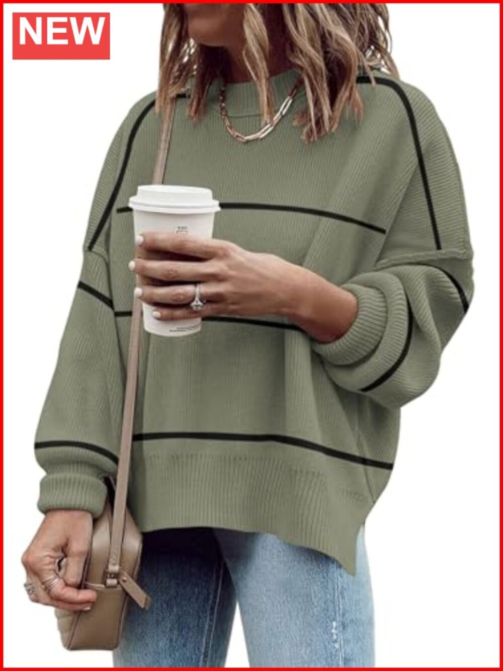 Oversized Ribbed Pullover Sweater with Side Slit and Batwing Sleeves